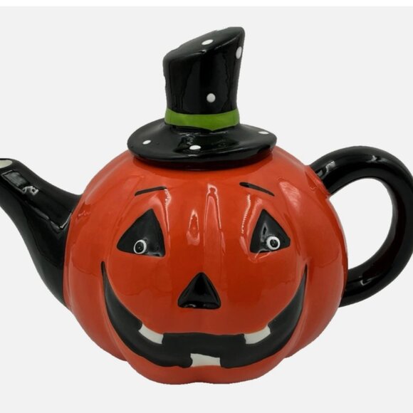 HALLOWEEN TEAPOT Pumpkin Jack O Lantern Ceramic Polka Dot Hat BRAND-NEW - Picture 6 of 9